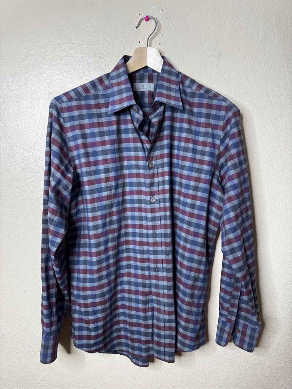 Canali Mens Size L Button Up Shirt Blue Burgundy Plaid Long Sleeve Made Italy